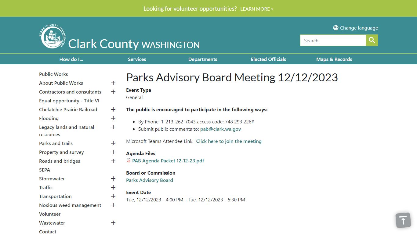 Parks Advisory Board Meeting 12/12/2023 | Clark County